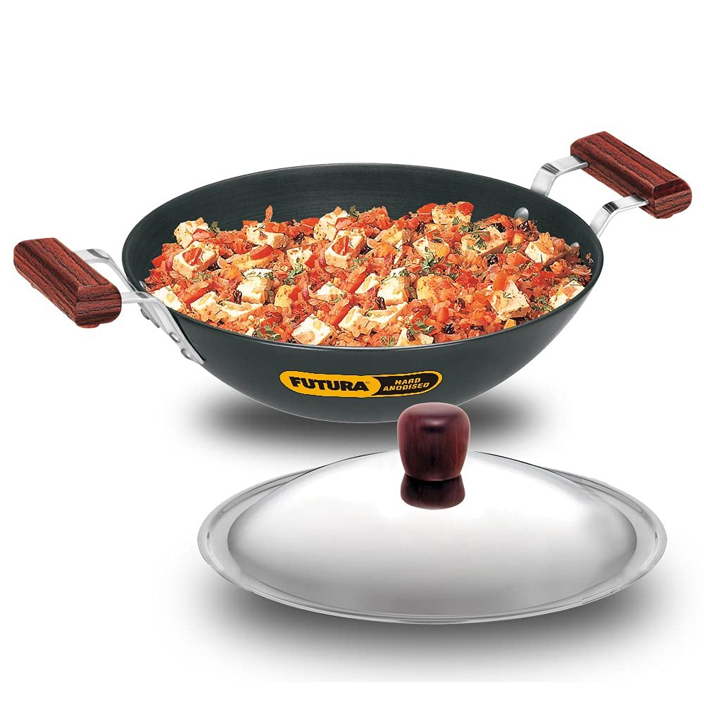Aakrati Devyom IL26 Induction Compatible Hard Anodized Flat Bottom Deep Fry Pan/Kadhai with Stainless Steel Lid, 3.75 Liter