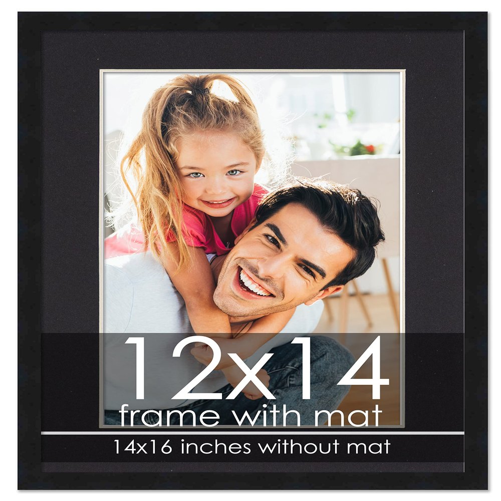 12x14 Frame with Mat - Black 14x16 Frame Wood Made to Display Print or Poster Measuring 12 x 14 Inches with Black Photo Mat
