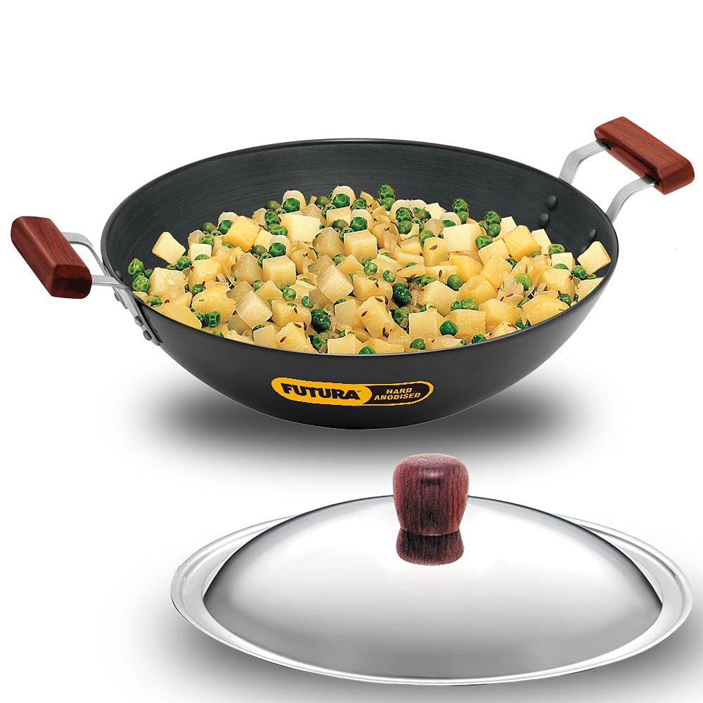 Aakrati Devyom L-47 Hard Anodised Flat Bottom Deep Fry Pan/Kadhai with Stainless Steel Lid, 5-Liter