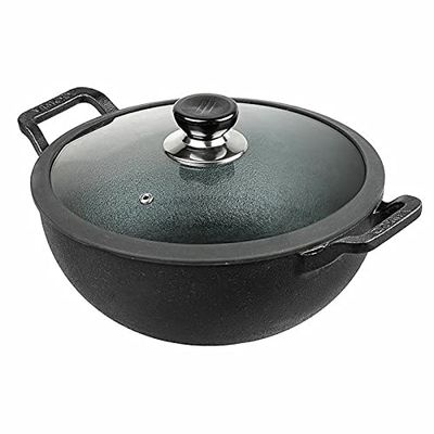 Aakrati Devyom Non Stick Induction Hob Wok with Lid - Deep Stir Cast Iron Kadai Pan with Lid - 24cm, 3.3 Litre