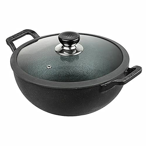 Aakrati Devyom Non Stick Induction Hob Wok with Lid - Deep Stir Cast Iron Kadai Pan with Lid - 24cm, 3.3 Litre