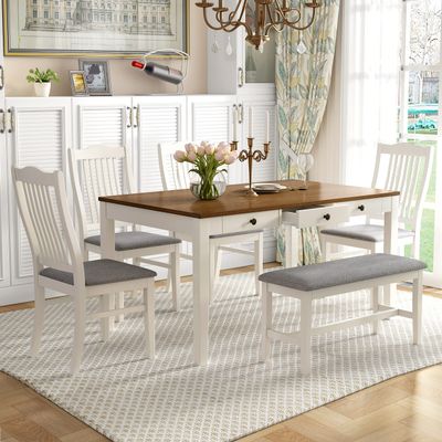 VilroCaz Vintage 6-Piece Dining Table Set, Solid Wood Kitchen Dining Room Table Set with 4 Padded Ergonomic Chairs & Bench, 60'' Rectangular Table with Storage Drawer and Decorative Drawer (Grey-SP)