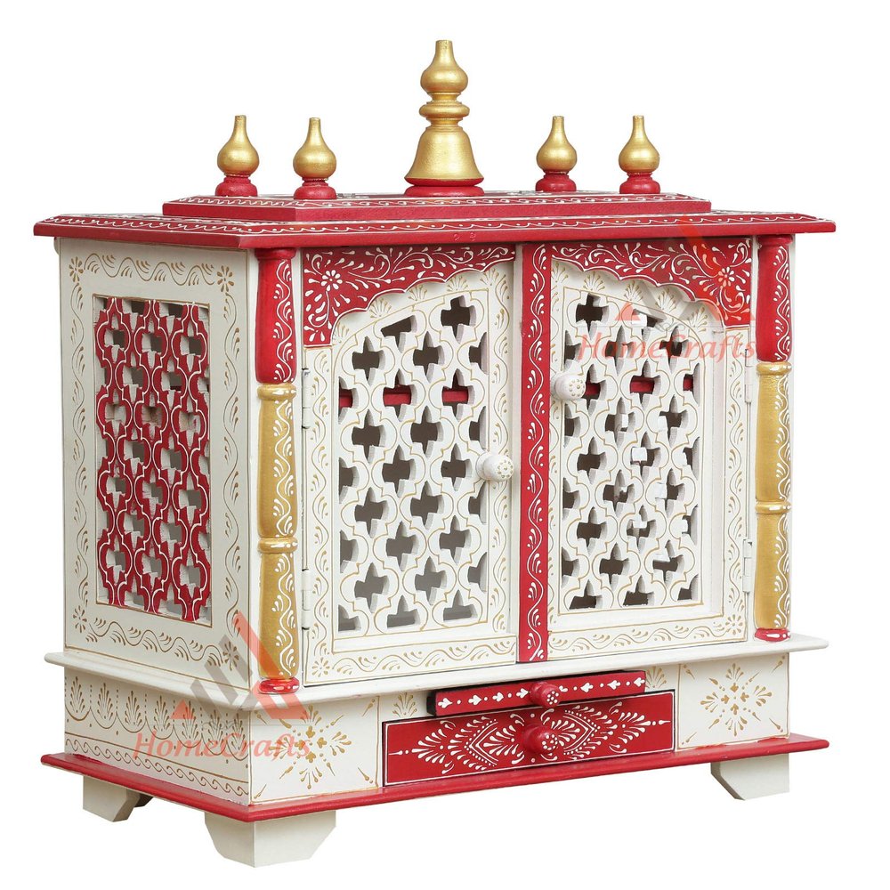 Aakrati Devyom Handpainted Wooden Home Temple/Mandir/God Stand/Pooja Stand/Home Mandap/Mandapamwith Doors and Medium Size (White Red) (in Side Partition Shelf) Medium Size- 20x11x24 Inch