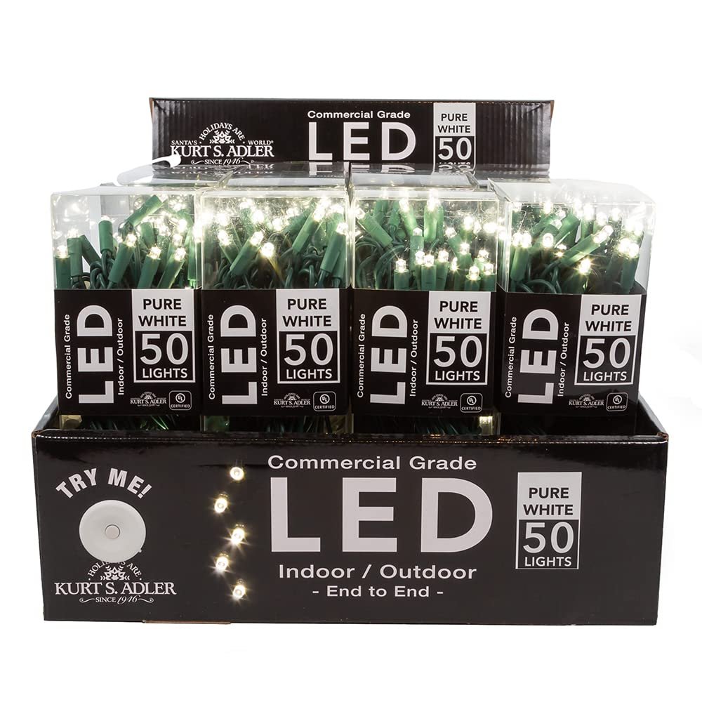 Kurt Adler UL 50-Light Pure White LED Green Wire Light Set