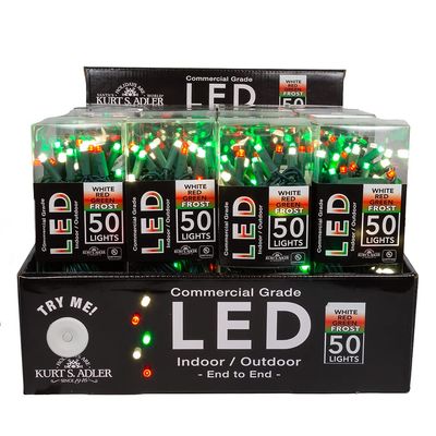 Kurt Adler UL 50-Light Pure White, Red and Green Frosted LED Green Wire Light Set