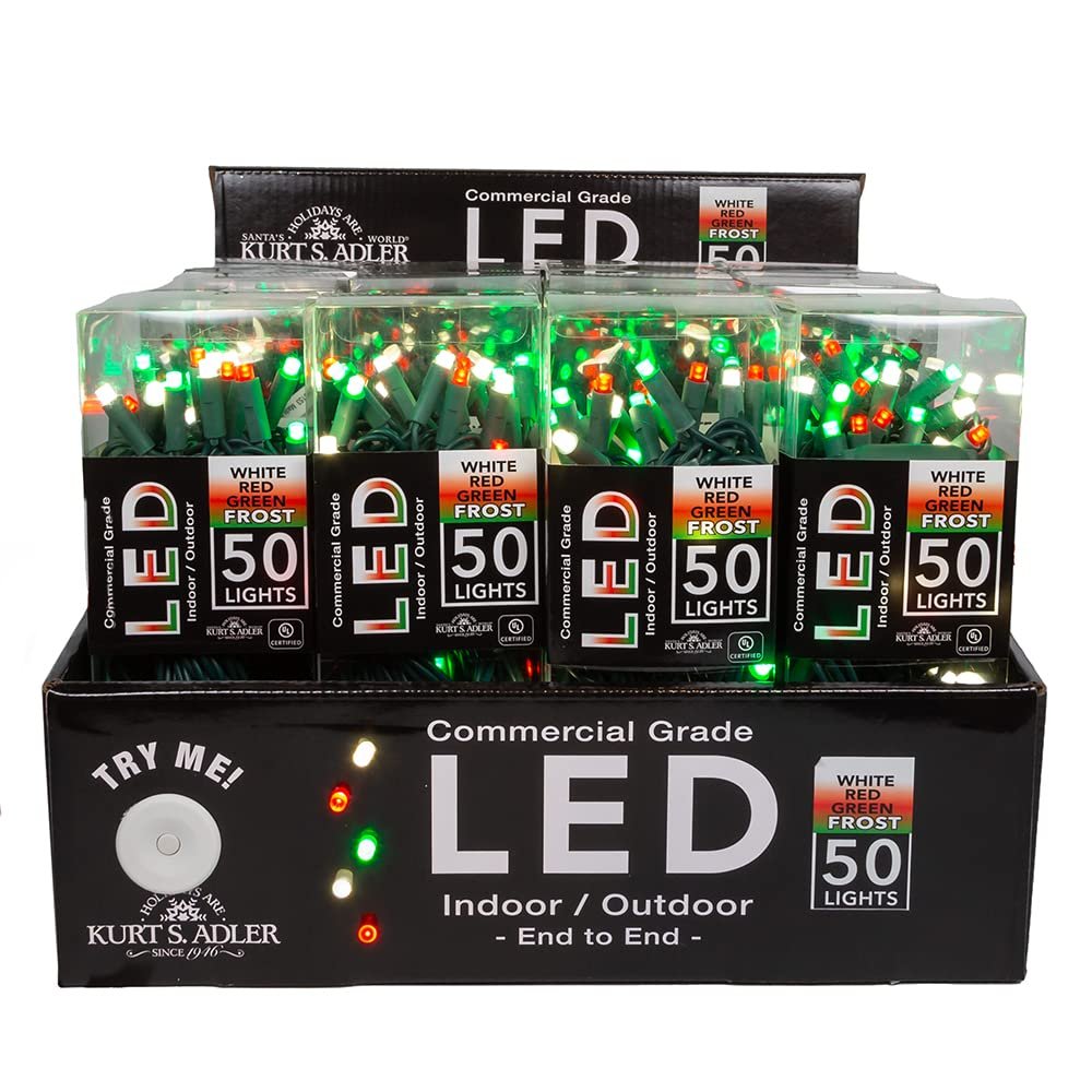 Kurt Adler UL 50-Light Pure White, Red and Green Frosted LED Green Wire Light Set