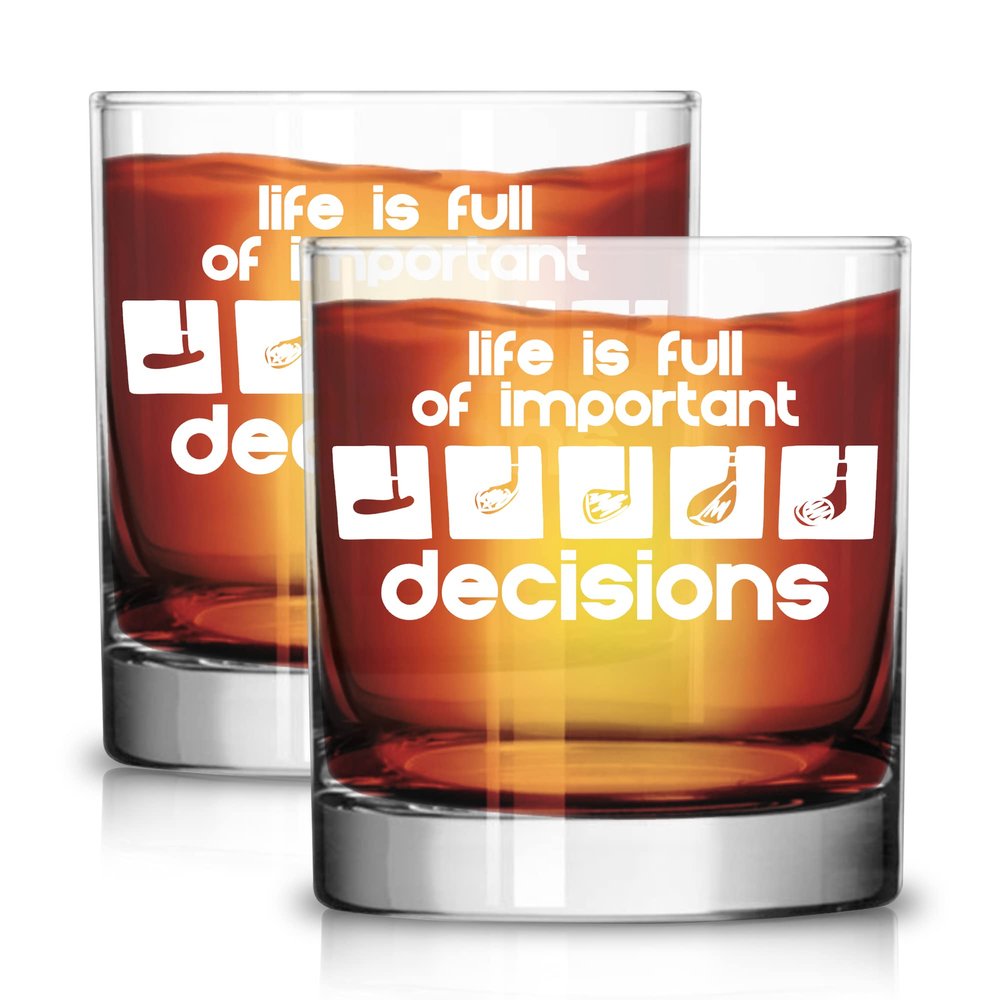 Blue Ridge Mountain Gifts Set of 2  11 oz Whiskey Glasses  Funny Golf Gift for Men & Dads  Life is Full of Important Choices with Golf Clubs  Thick, Durable, Screen-Printed