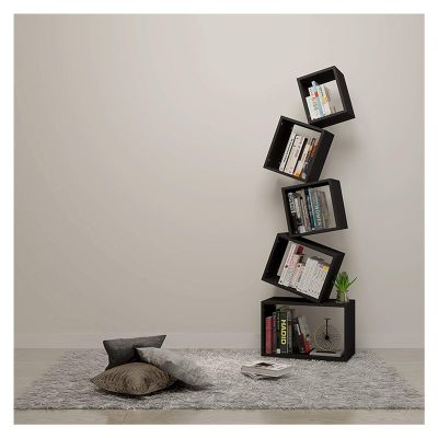 HIHELO Book Case 5-Tier Geometric Bookshelf Creativity Stacked Square Book Shelf Bookcase Home Office Storage Shelves Display Shelf Modern Organizer Bookshelves (Color : Black)