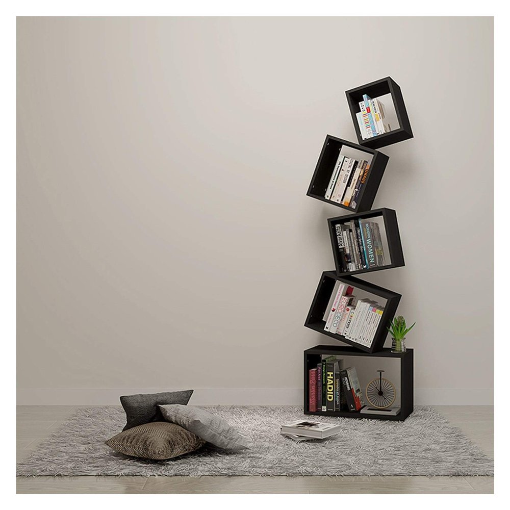 HIHELO Book Case 5-Tier Geometric Bookshelf Creativity Stacked Square Book Shelf Bookcase Home Office Storage Shelves Display Shelf Modern Organizer Bookshelves (Color : Black)