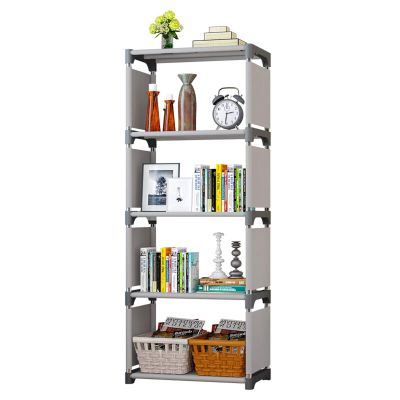 HIHELO Book Case DIY 4-Cubes Shelf Bookshelf Bookcase Gray Organizer Storage Shelves Thick Non-Woven Fabric Steel Tube Combination Easy to Assemble Bookshelves