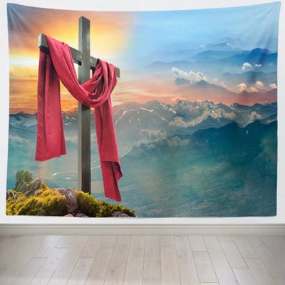 BELECO Jesus Christ Tapestry Backdrop with Cross Art Wall Decor Mountain Scenery Wallpaper Church Party Decorations Easter Christian Religious Tapestry Wall Hanging Home Decor for Bedroom Living Room