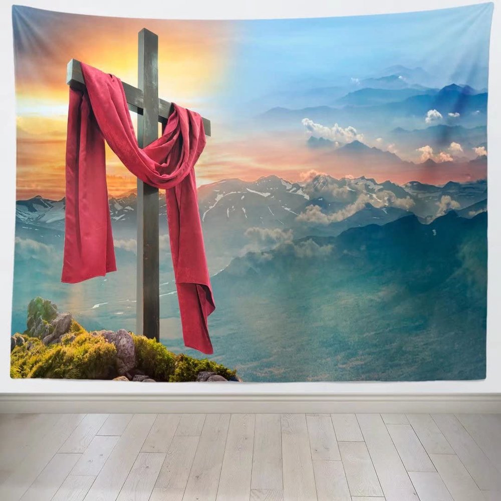 BELECO Jesus Christ Tapestry Backdrop with Cross Art Wall Decor Mountain Scenery Wallpaper Church Party Decorations Easter Christian Religious Tapestry Wall Hanging Home Decor for Bedroom Living Room