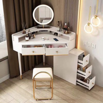 Modern Corner Vanity Table Set with Lighted Mirror, Vanity Desk with Charging Station, Makeup Dressing Table with Cushioned Stool, 3 Color Lighting Options, Home Bedroom Vanity ( Size : 80cm/31.5inch