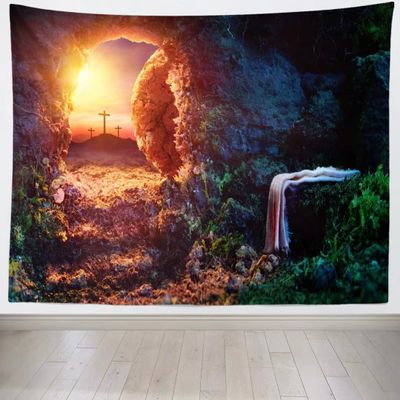 BELECO Jesus Tapestry Empty Tomb Crucifixion Shroud Art Wall Decor Resurrection of Backdrop with Cross Easter Church Poster Home for Bedroom Living Room Dorm 118''x96''