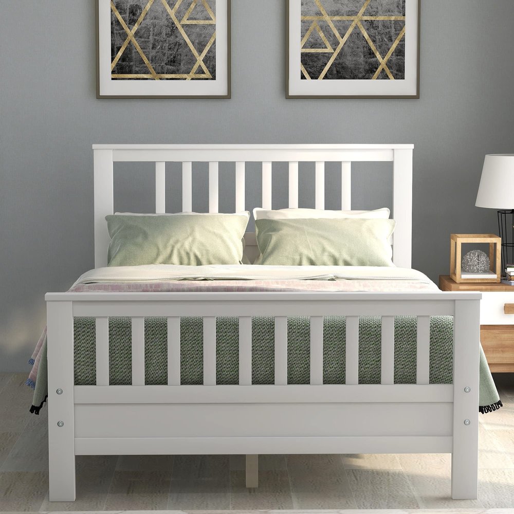 DSHADE Pine Wood Platform Bed Platform Bed Frame with Headboard and Footboard Platform Bed Frames Solid Wood Bed Frame No Box Spring Needed/Easy Assembl 78.7''L X 56''W X 42''H (White)