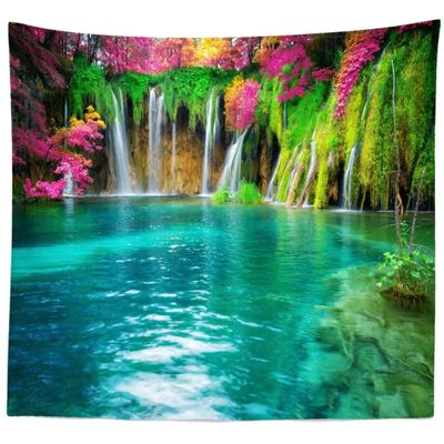 BELECO Forest Lake Tapestry Wall Hanging Picturesque Waterfall Tapestry Blooming Flowers Photo Backdrop Flowing Water Green Scenery Nature Tapestry Bedroom Living Room Dorm Decor