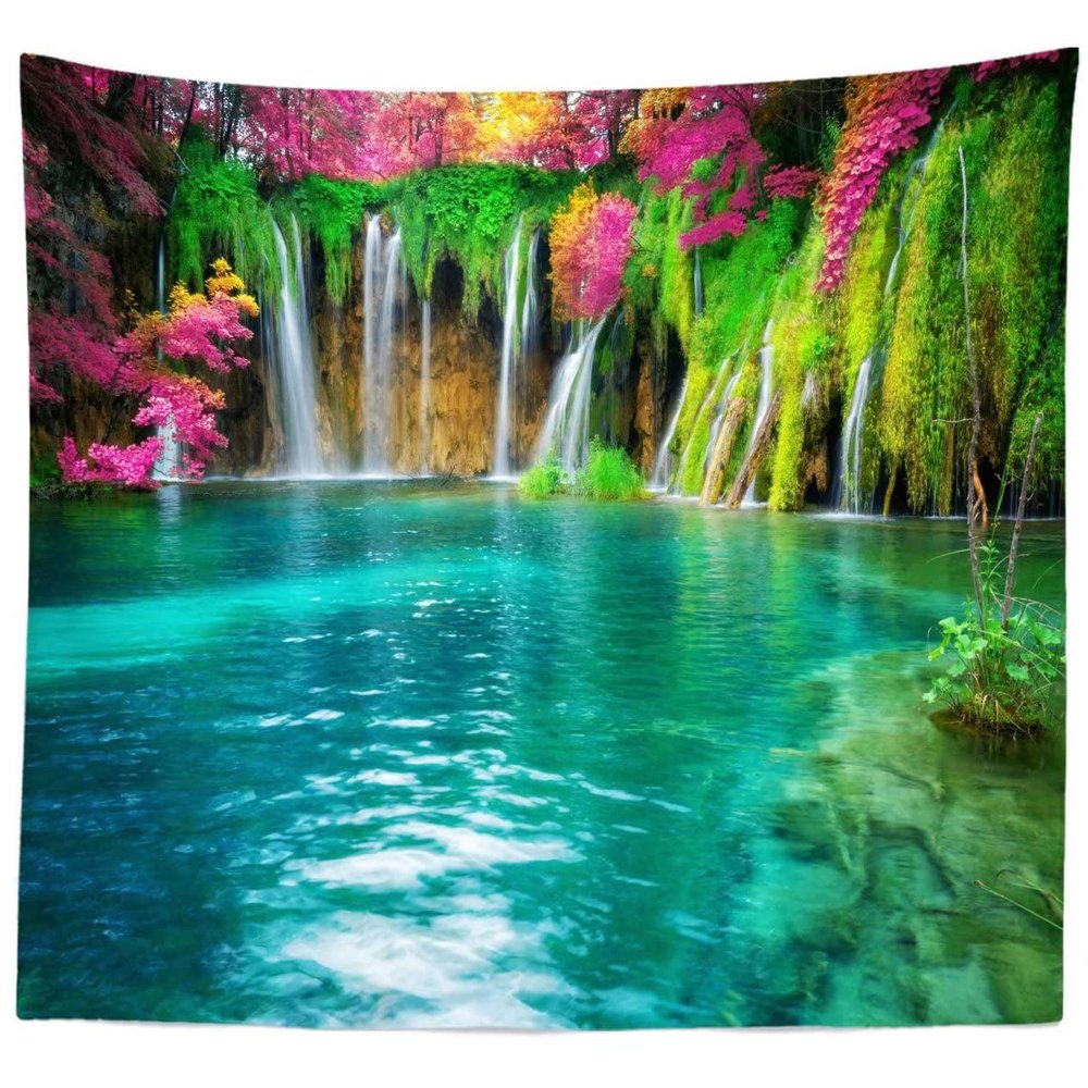 BELECO Forest Lake Tapestry Wall Hanging Picturesque Waterfall Tapestry Blooming Flowers Photo Backdrop Flowing Water Green Scenery Nature Tapestry Bedroom Living Room Dorm Decor