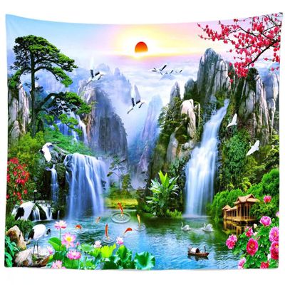 BELECO Fairyland Mountain Lake Tapestry Waterfalls Landscape Painting Nature Tapestry Paradise Tapestry Japanese Tapestry Wall Hanging Aesthetic Bedroom Living Room Dorm Decor 141''x96''