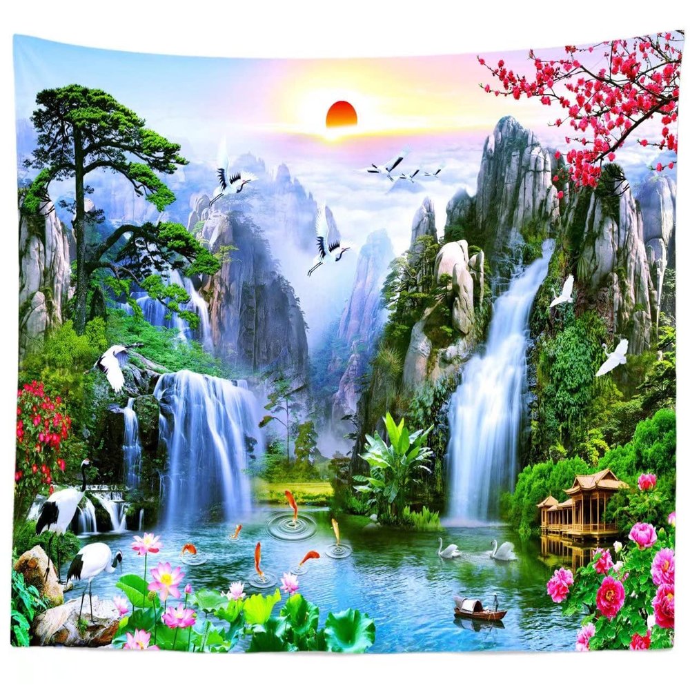 BELECO Fairyland Mountain Lake Tapestry Waterfalls Landscape Painting Nature Tapestry Paradise Tapestry Japanese Tapestry Wall Hanging Aesthetic Bedroom Living Room Dorm Decor 141''x96''