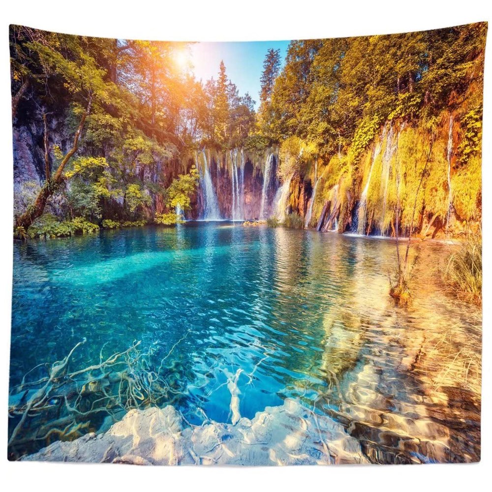 BELECO Forest Lake Tapestry Picturesque Mountain Waterfall Tapestry Wall Hanging Amazing Waterfall in Plitvice Lakes National Park Croatia Photo Backdrop Bedroom Living Room Dorm Decor
