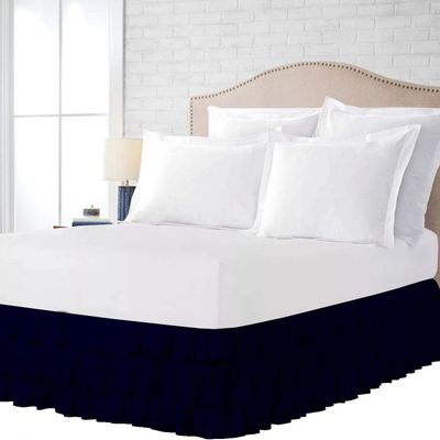 1 PC Multi Ruffle Bed Skirt - Wrap Around Bed Skirts 100% Pure Cotton 600 TC Elastic Dust Ruffles with Platform 24" Drop -3 Side Coverage Waterfall Bedskirt Navy Blue/Queen