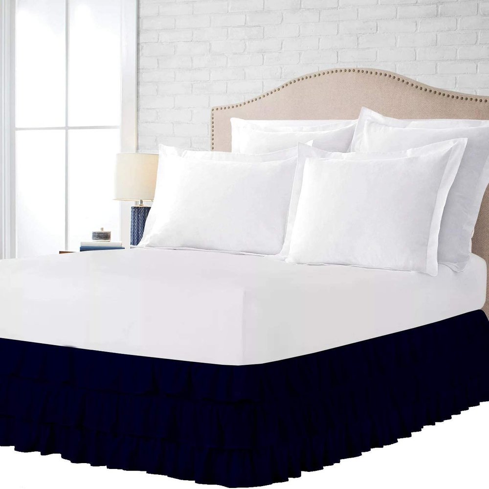 1 PC Multi Ruffle Bed Skirt - Wrap Around Bed Skirts 100% Pure Cotton 600 TC Elastic Dust Ruffles with Platform 24" Drop -3 Side Coverage Waterfall Bedskirt Navy Blue/Queen