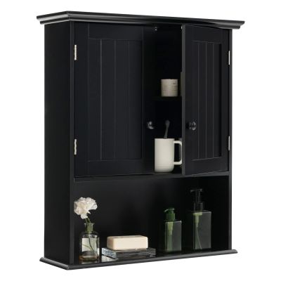 Tangkula Wall Mount Bathroom Cabinet Wooden Medicine Cabinet Storage Organizer with 2-Doors and 1-Shelf Cottage Collection Wall Cabinet (Black)