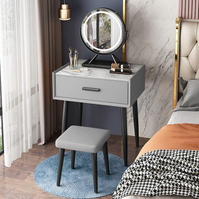 REALN Vanity Table Set with Adjustable Brightness Mirror and Cushioned Stool, Dressing Table Vanity Makeup Table with Large Drawer for Women,Little Girls (Color : Gray, Size : 50cm)