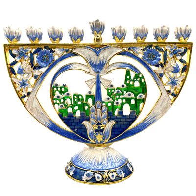 Cohen Tsemach Art&Gift Hand Painted Blue Enamel Jerusalem pomegranate Design Menorah