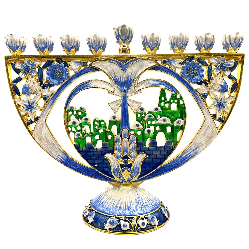 Cohen Tsemach Art&Gift Hand Painted Blue Enamel Jerusalem pomegranate Design Menorah