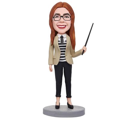 Custom Educator Bobblehead - Personalized Thoughtful Figurine for Women, Made from Your Photo, Female Teacher in Brown Shirt, Handmade Clay Gift for School Office Home Decor Collectible