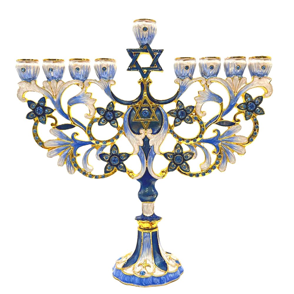 Cohen Tsemach Art & Gift Hand Painted Enamel Menorah Star of David Blue Hanukkiah hanukkah