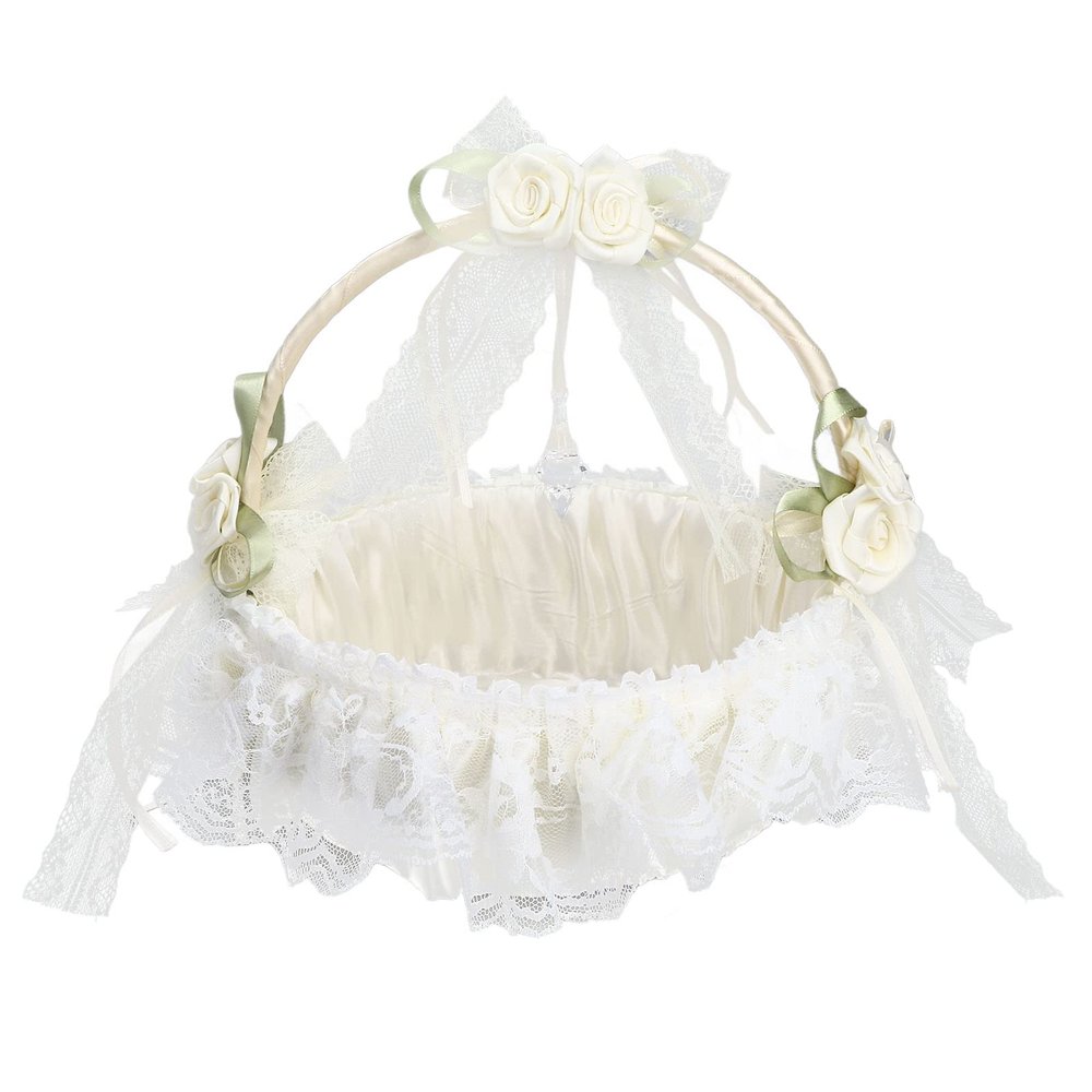 Wedding White Flower Basket Romantic Flower Basket Western Rustic Lace Bowknot Wedding Basket Candy Gift Bag for Wedding Party Banquet Christmas Daily Use