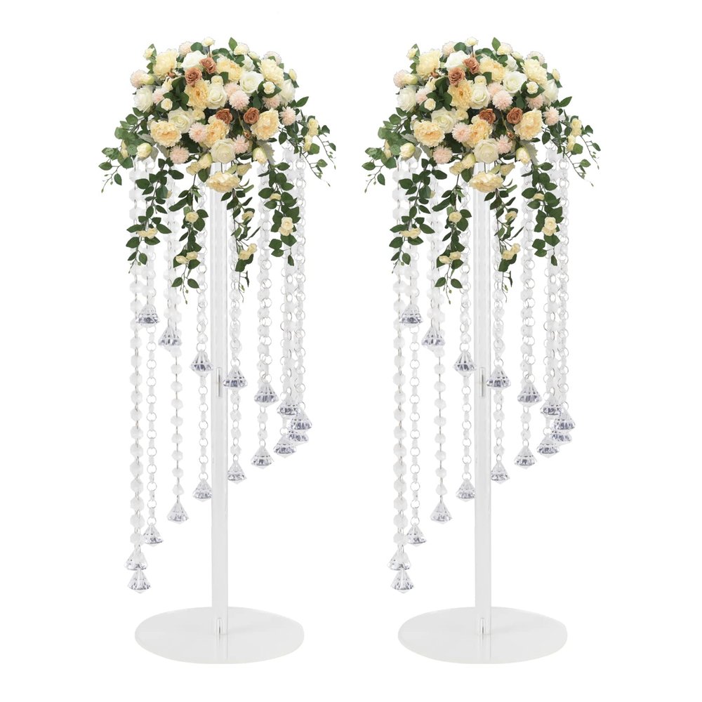2 PCS 23.6" Silver Acrylic Flower Stands for Wedding Centerpieces, Crystal Vase Holder for Table Decor, Tall Geometric Flower Stands for Wedding Party Hotel Home Event Decoration