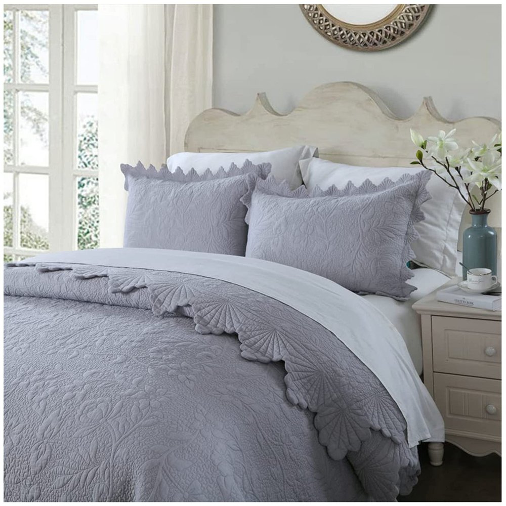 ZTGL Solid Color Quilt Set Full Queen Size Reversible Quilted Bedspread Coverlet 3-Piece Lightweight Comforter Stitched Bedding Set Bed Sheet Cover Blanket with 2 Pillow Shams,Grey,230x250cm