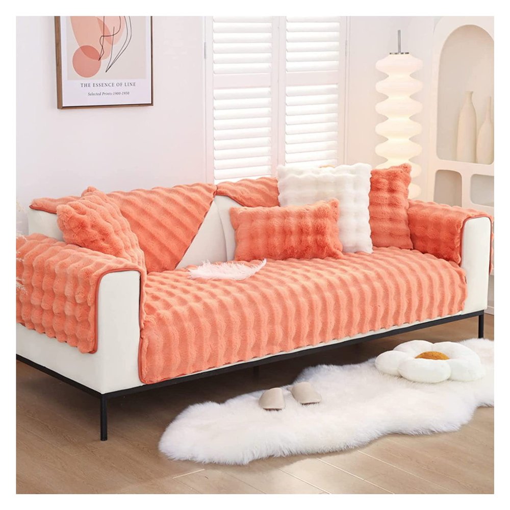 Thick Rabbit Plush Sofa Cushion, Sofa Covers Thickened Chair Armchair Seat Sofa Cushion Cover for 1/2/3/4 Seater L Shaped Couch Slipcovers Furniture Protector Living Room Decoration,Green, 110x180cm