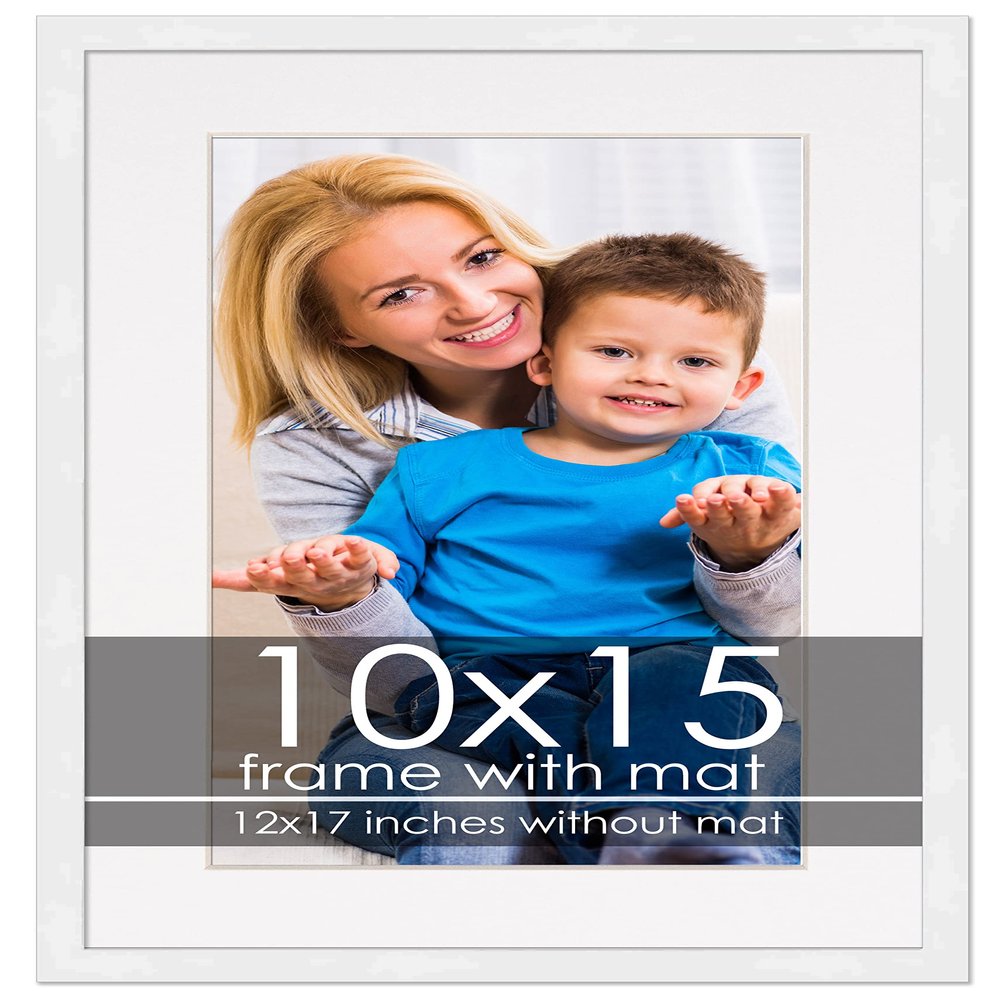10x15 Frame with Mat - White 12x17 Frame Wood Made to Display Print or Poster Measuring 10 x 15 Inches with White Photo Mat