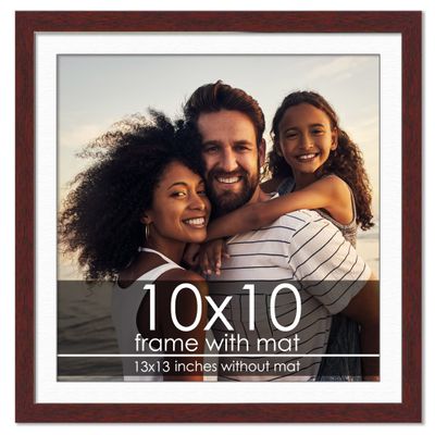 10x10 Frame with Mat - Brown 13x13 Frame Wood Made to Display Print or Poster Measuring 10 x 10 Inches with White Photo Mat