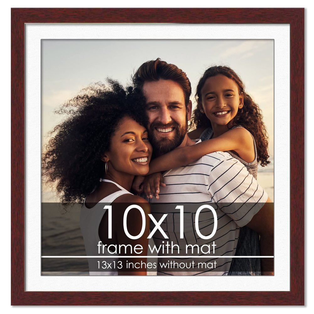 10x10 Frame with Mat - Brown 13x13 Frame Wood Made to Display Print or Poster Measuring 10 x 10 Inches with White Photo Mat