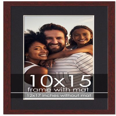 10x15 Frame with Mat - Brown 12x17 Frame Wood Made to Display Print or Poster Measuring 10 x 15 Inches with Black Photo Mat