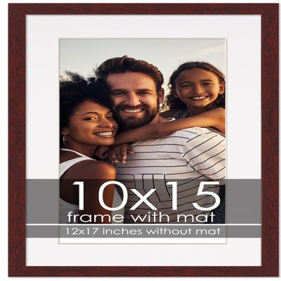10x15 Frame with Mat - Brown 12x17 Frame Wood Made to Display Print or Poster Measuring 10 x 15 Inches with White Photo Mat