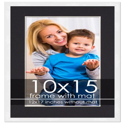 10x15 Frame with Mat - White 12x17 Frame Wood Made to Display Print or Poster Measuring 10 x 15 Inches with Black Photo Mat