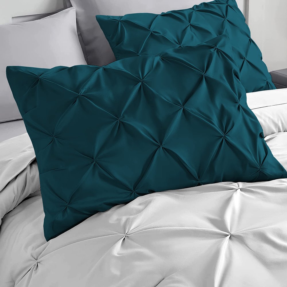 PURE ECO Pinch Pleated Pintuck Pillow Shams Set of 4, Teal Pinch Pleated Pillow Shams Standard 20X26 Luxurious and Gorgeous 600 TC 100% Egyptian Cotton Pinch Pleated Pillow Shams 4 Piece