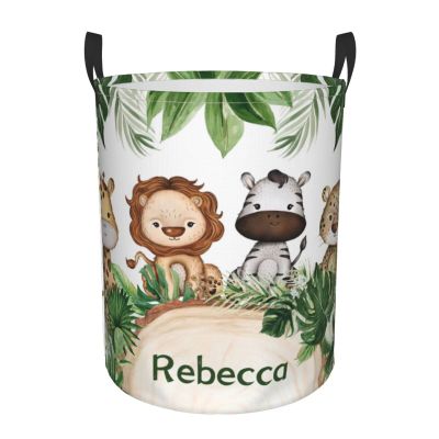 Woodland Green Animal Customized Laundry Basket Clothes Hamper with Name Collapsible Waterproof Large Capacity Organizer Storage for Living Room.