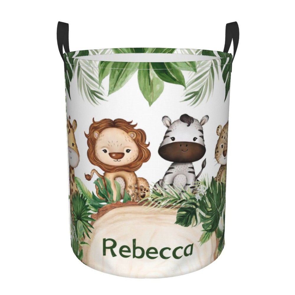 Woodland Green Animal Customized Laundry Basket Clothes Hamper with Name Collapsible Waterproof Large Capacity Organizer Storage for Living Room.