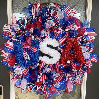 USA American Flag Patriotic 4th of July BLING Deco Mesh Front Door Wreath Home Holiday Decor Funky Fun Festive Summer Birthday Party Decor Indoor Outdoor