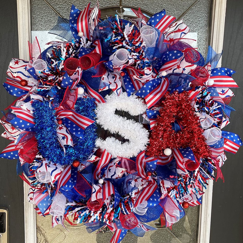 USA American Flag Patriotic 4th of July BLING Deco Mesh Front Door Wreath Home Holiday Decor Funky Fun Festive Summer Birthday Party Decor Indoor Outdoor