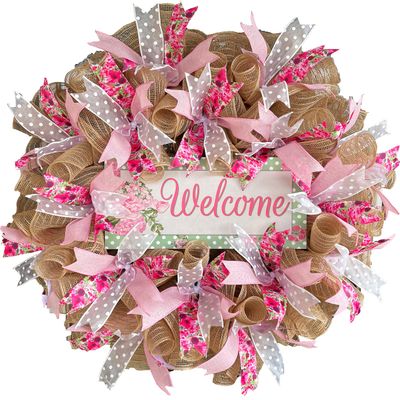 Super Pretty Cottage Floral Deco Mesh Wreath, Floral Decor, Fall, Spring, Summer, Front Door, Burlap Wedding Farmhouse Decor, French Country Decor
