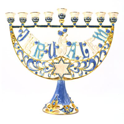 Cohen Tsemach Art & Gift Enamel Menorah Star of David & Jerusalem Hand Painted Hanukkiah Blue