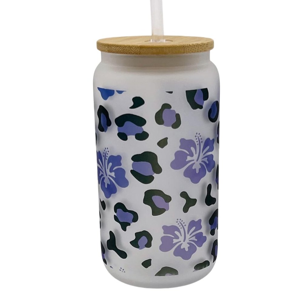 16oz Frosted Glass With Bamboo Lid and Plastic Straw - Floral Design (Blue Flower #1, 16oz)